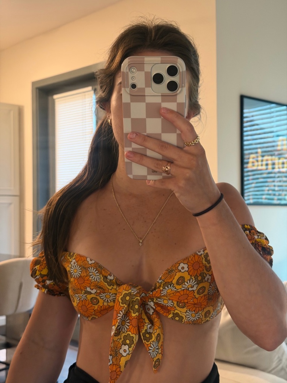 Floral Tie-Front Off-Shoulder Crop Top in Orange Floral